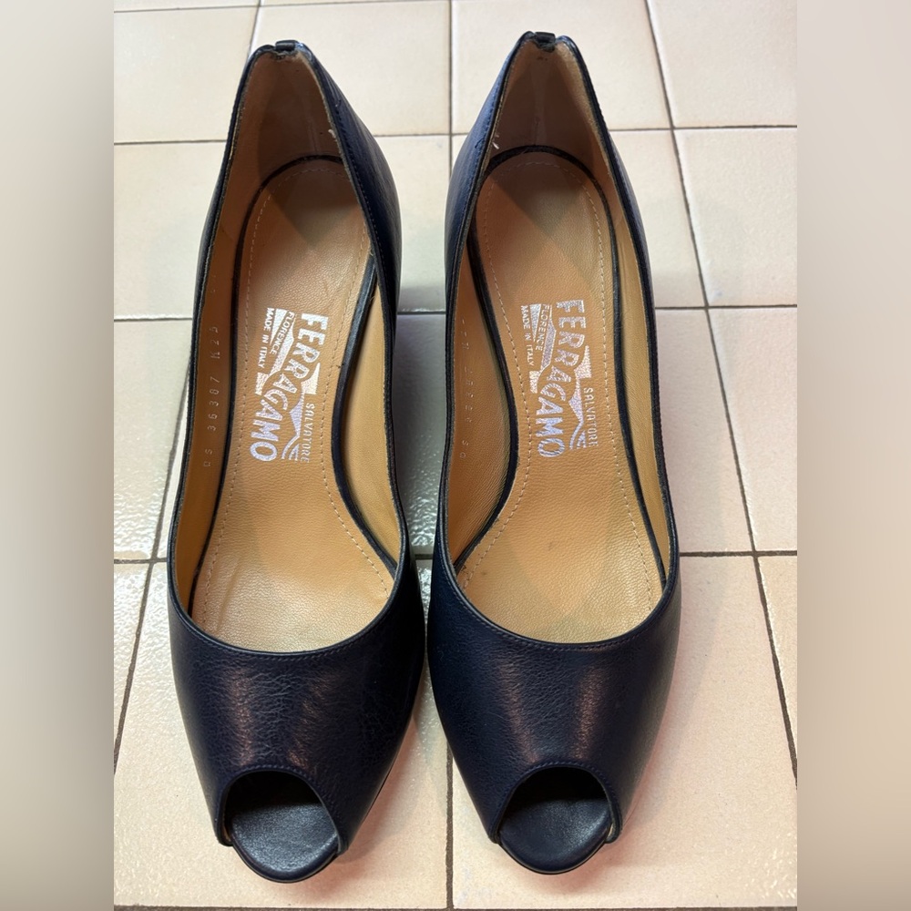 Salvatore Ferragamo Navy Peep Toe Heels